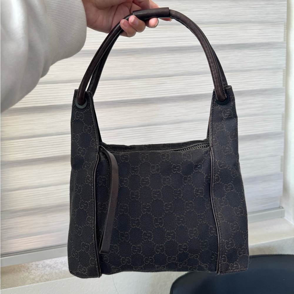 Gucci Brown Denim Monogram Canvas Shoulder Hobo Bag